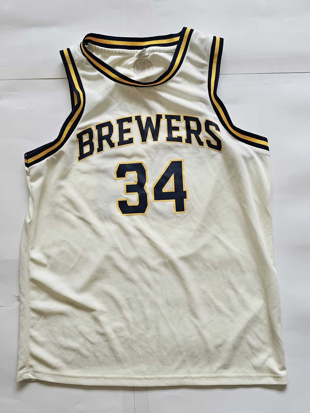 White Brewers #34 Basketball Jersey with Navy & Gold Trim